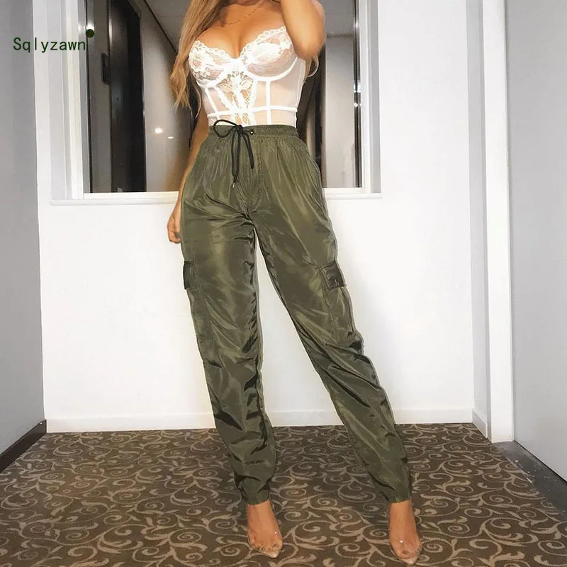 Женские брюки карго с высокой талией уличные Сатиновые спортивные карманами для