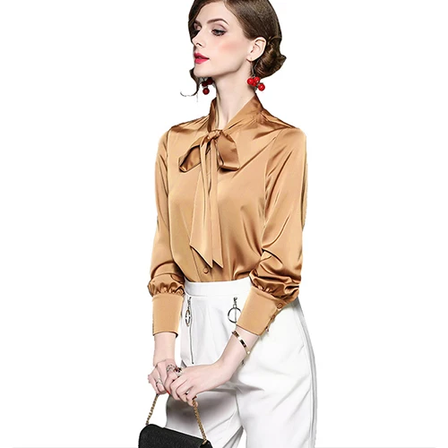Khaki Белые Формальные Рубашки для женщин, офисная одежда, Blusas, весна, Элегантная блузка, шелк, атлас, женские блузки, Топ с длинным рукавом - Цвет: Khaki