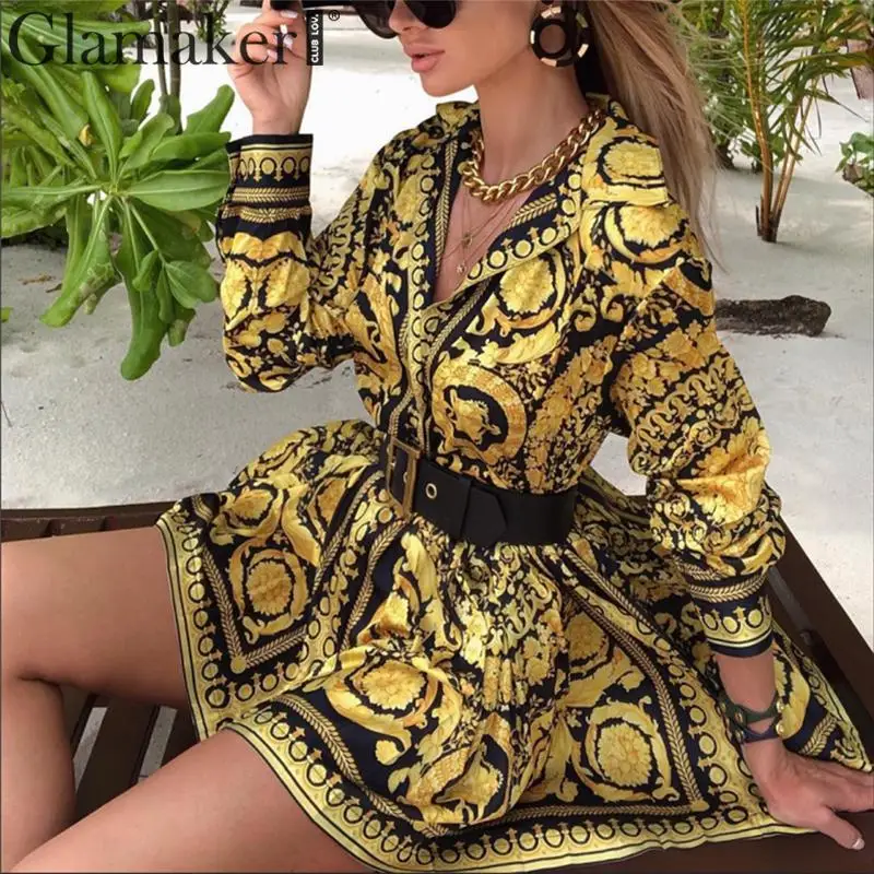 Женское мини платье с принтом пейсли Glamaker летнее Клубное длинным рукавом и