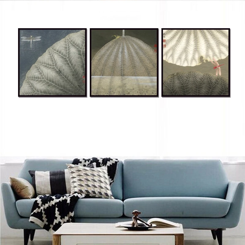 Абстрактная картина с листьями лотоса настенная живопись 3 панели для гостиной