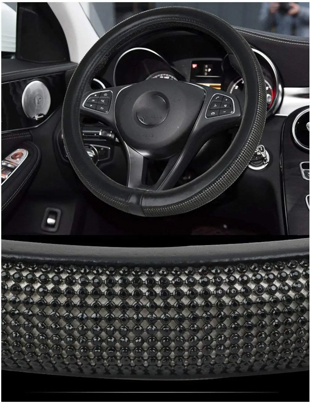 Black Crystal Bling Стразы кожаный чехол на руль кристалл для девочек леди Универсальный подходит 38 см - Название цвета: Black Crystal