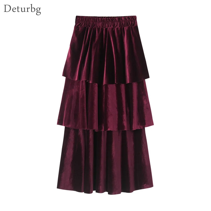 Женская плиссированная юбка средней длины однотонная бархатная с оборками и