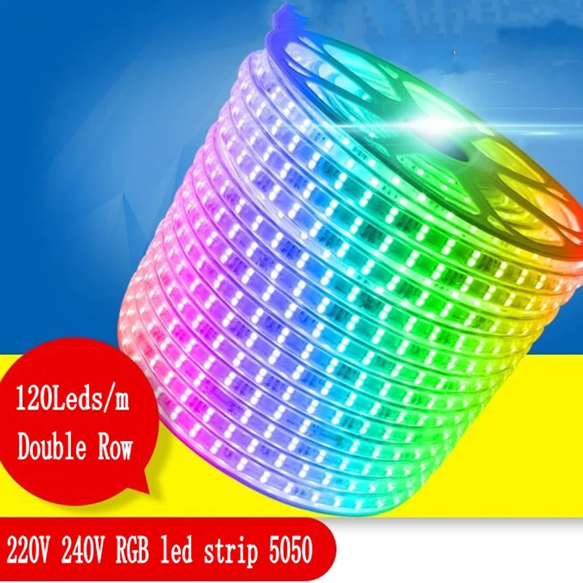Двухрядная Светодиодная лента 120 светодиодов/м 220 В 240 в RGB 5050 теплый