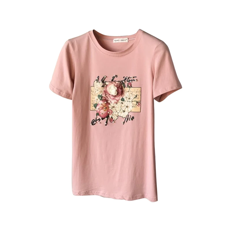 2019 сезон: весна лето новый с крупным бисером цветочным принтом короткий рукав