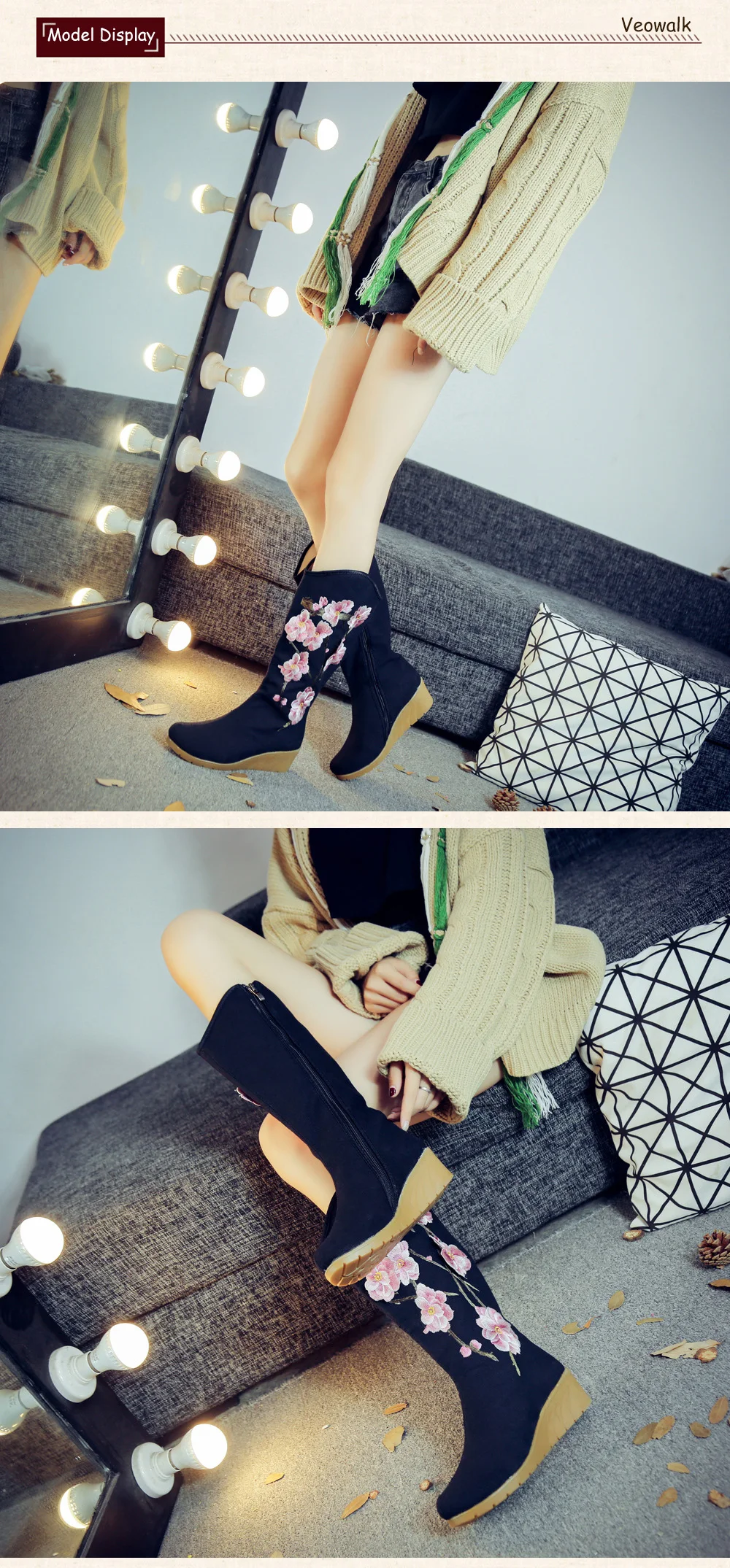 Veowalk/женские парусиновые сапоги до середины икры с цветочной вышивкой; женские высокие сапоги на скрытой танкетке 30 см; обувь на платформе; Botas Mujer