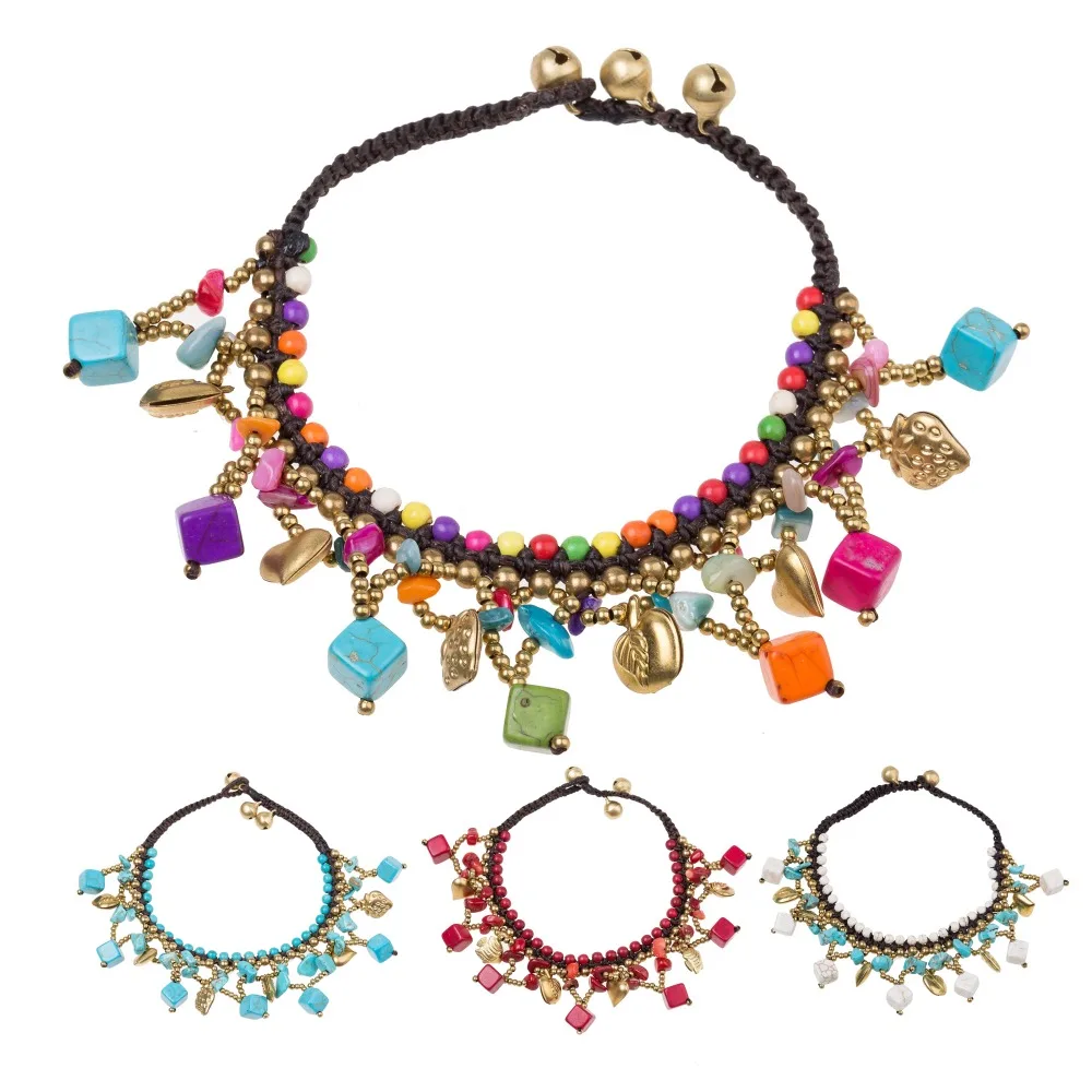 

AMOURJOUX 2018 Boho Handmade Colorful Stone Square Charm Beads Ankle Chain Anklets For Women Bohemian Female Foot Jewelry