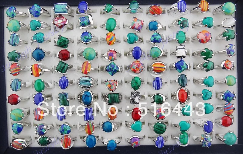 New 30pcs Charms Vintage Mix Natural Malachite Stones Turquoise Silver P Womens Mens Rings Wholesale Jewelry Lots A-918 | Украшения и