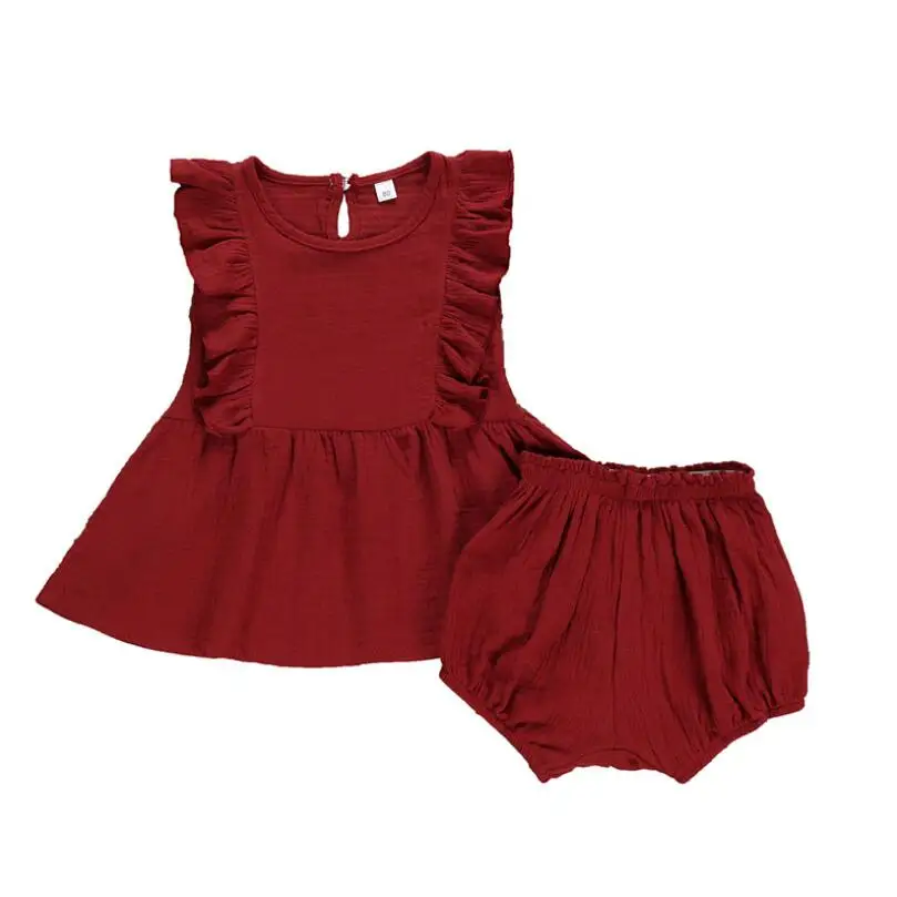 

Baby girl clothes2019 summer new girls clothes solid color cotton and linen flying sleeves short sleeve + shorts 2 piece set