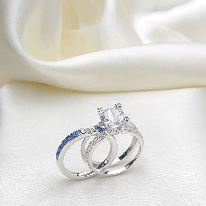 2 шт., 925, anillos, серебряное свадебное кольцо принцессы с голубым топазом, наборы для женщин, обручальное кольцо с кубическим цирконием, модное ювелирное изделие