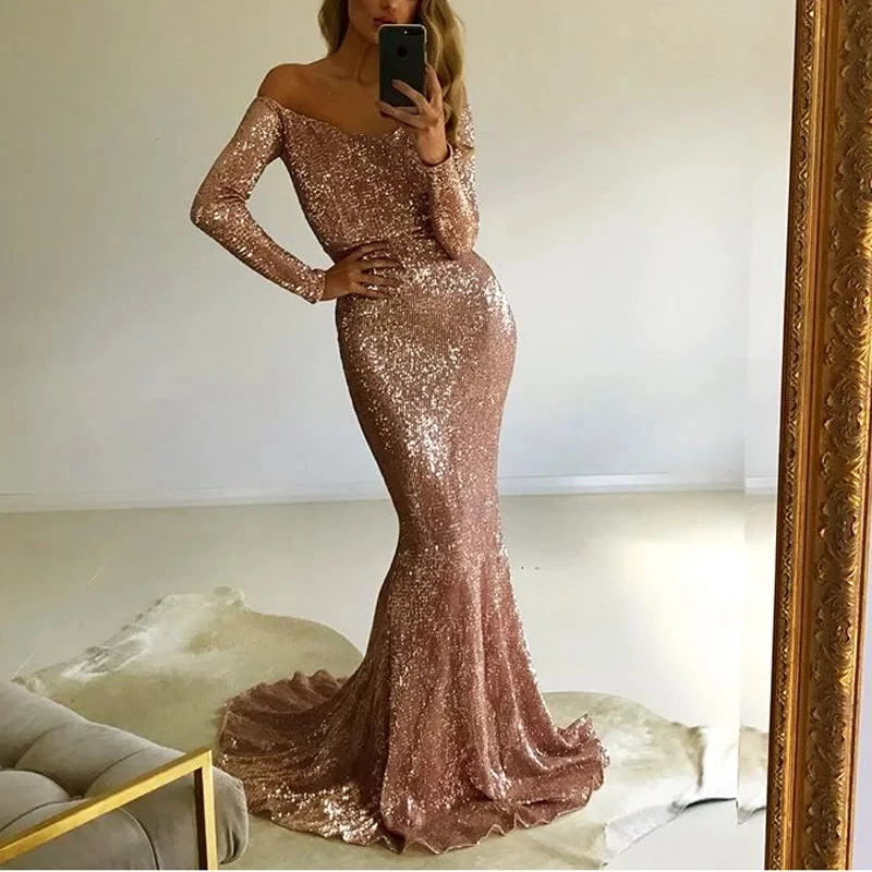 Халат de soiree с открытыми плечами розовое золото пайетками вечернее платье 2019