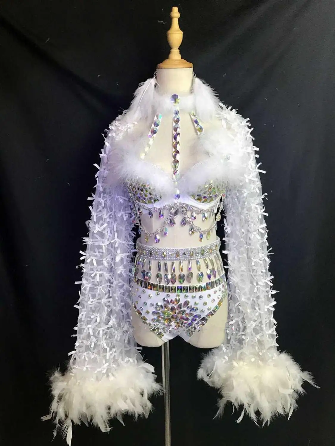 Fashion Design White Feathers Long Trailing AB Rhinestones Bikini Set Stage Female Singer Performance Costume Nightclub Clothing
