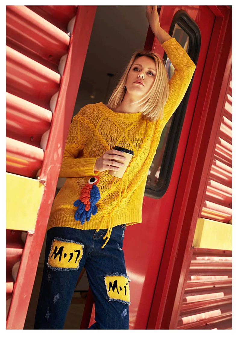 Royal embroidery flower sweater autumn women oversized sweaters and pullovers lady yellow loose Christmas pull female | Женская одежда