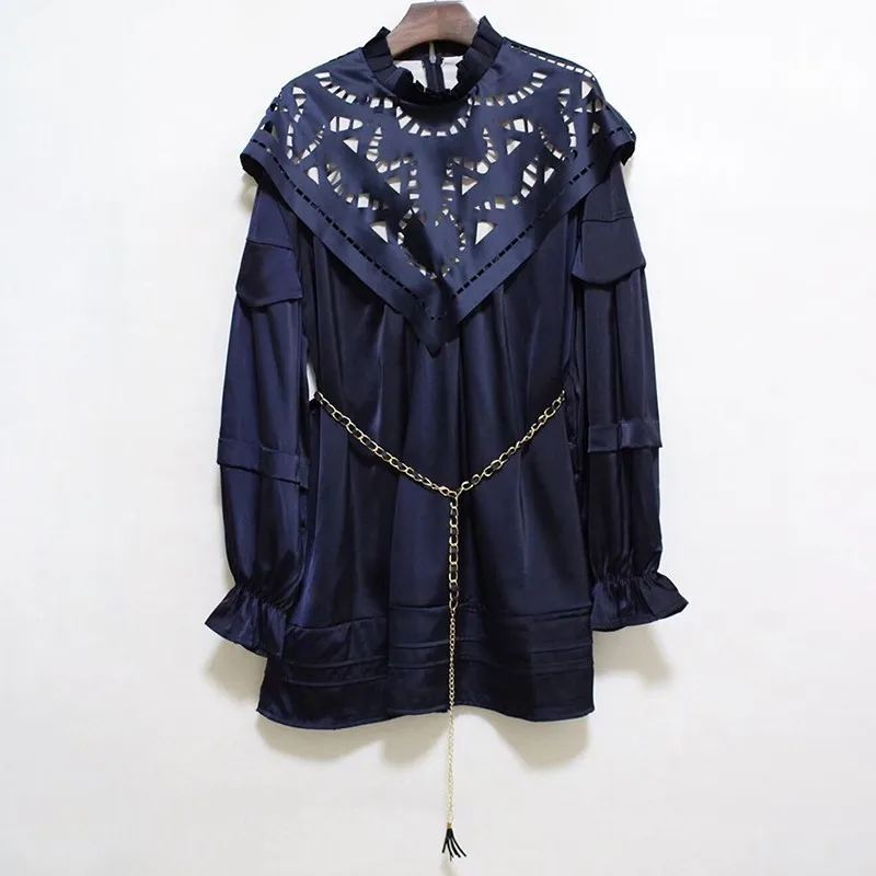 navyblue TWOTWINSTYLE выдалбливают лоскутное летнее платье для женщин О образным вырезом фонарь рукав Высокая талия кружево до мини платья Женская мода - Цвет: navyblue