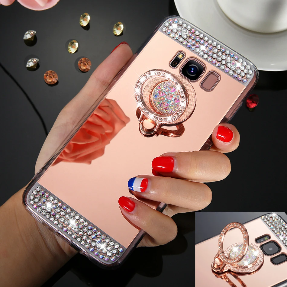 Зеркальный блестящий чехол со стразами для Galaxy S8 Plus S7 Edge с кольцом на палец Samsung S9