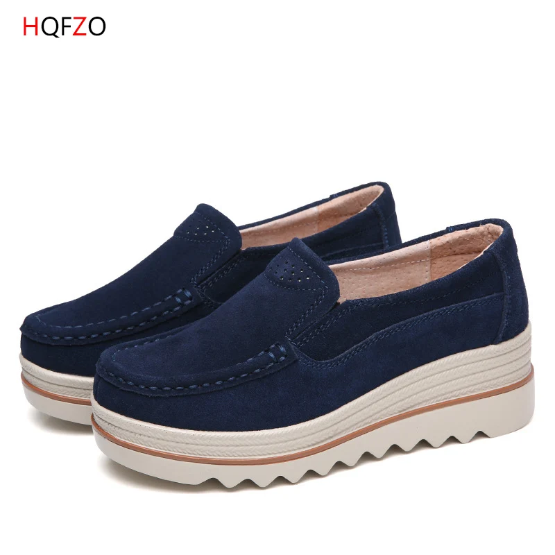 dark blue HQFZO/Pantshoes; обувь из натуральной кожи на каблуке 5 см; женские кроссовки на платформе; женская обувь; дышащая повседневная женская обувь на плоской подошве - Цвет: dark blue