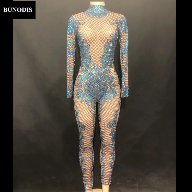 ZD25403 Women Sexy Simple Version Jumpsuit Material Spandex Blue Diamonds Sparkling Crystals Bodysuit Stage Wear Bling Costume