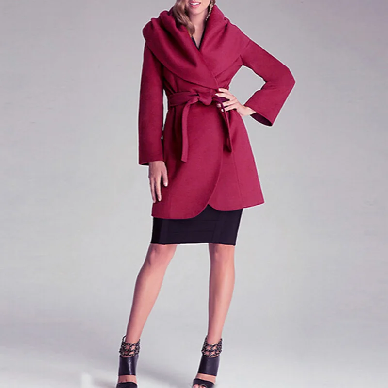 Женское шерстяное пальто с поясом приталенное длинное длинным рукавом и большим