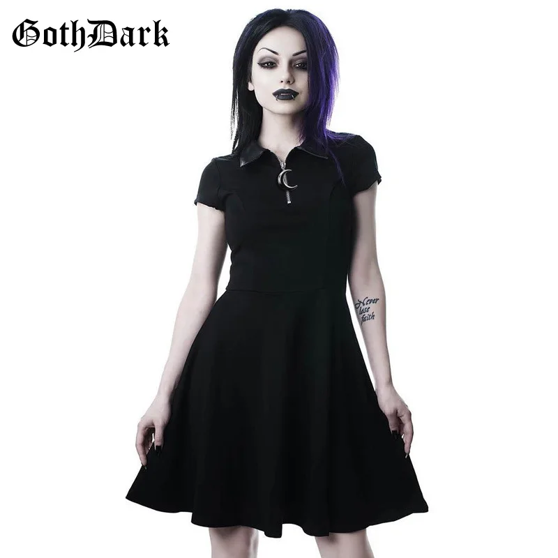Женское платье с рюшами Goth Dark, винтажное плиссированное платье для вечеринки, готическое элегантное однотонное платье на молнии - Цвет: black