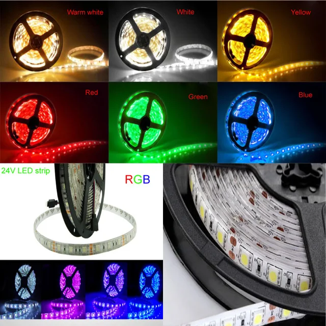 

24V LED Strip Waterproof no waterproof 5m/lot Fiexible LED lights SMD 5050 60Led/M RGB/Warm White/White/Red/Blue extra bright
