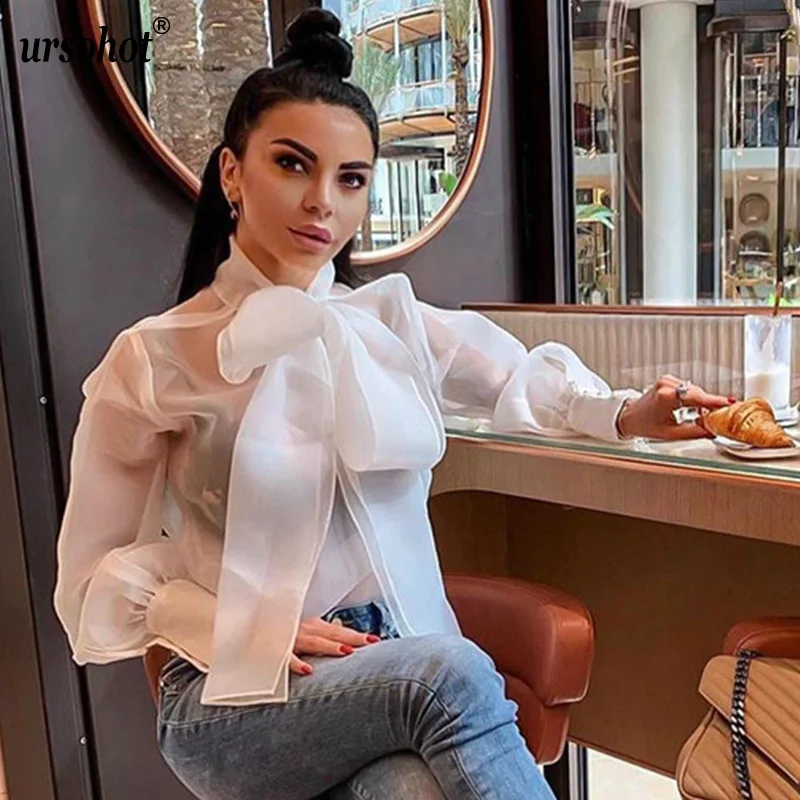 Женская прозрачная блузка Ursohot белая с большим бантом лето 2019| |