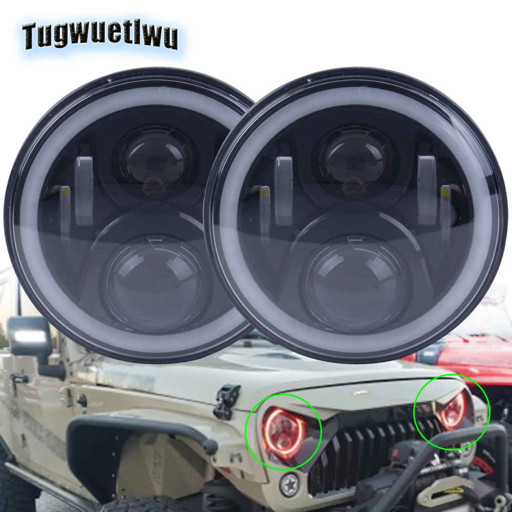 2pcs 7inch 7" LED Headlight RGB DRL Halo Ring APP Control Multicolor Bluetooth for Lada 4x4 urban Niva Jeep Wrangler TJ JK LJ CJ |