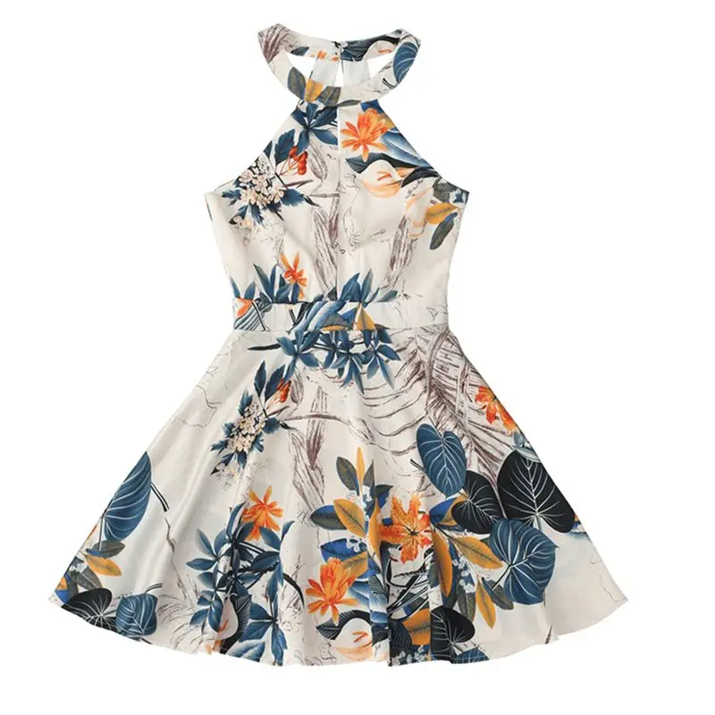 Короткое платье с цветочным принтом для девушек в стиле бохо с галтерной линией и без рукавов, спинка открыта, ретро-стиль, линия А, летние пляжные платья.
