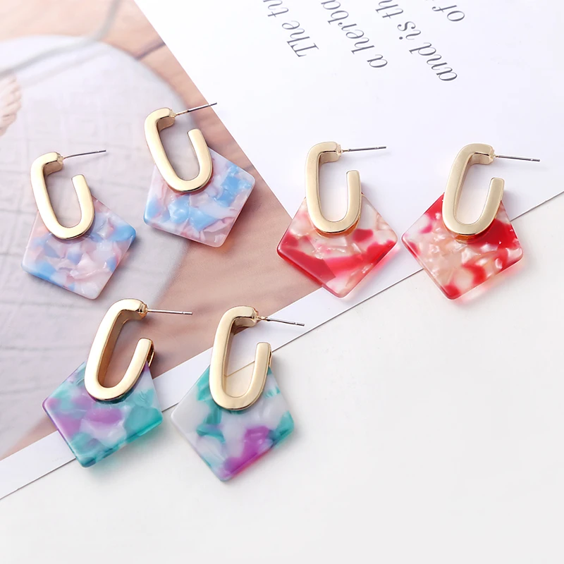 

2019 New Arrival Brincos Multi-Style Geometric Metal U Shape Acid Acrylic Resin Drop Earrings For Woman Pendant Earrings2019