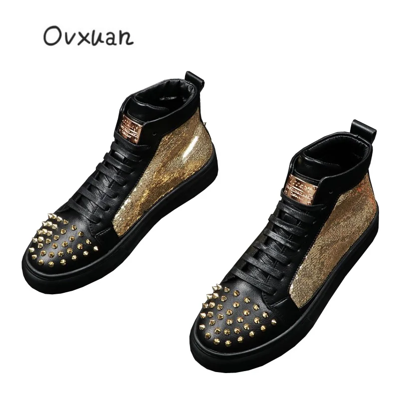 

OVXUAN Party Stage Men's Booties Rivet High Top Metal Sheet Glitter Sequin Leather Ankle Boots Male Business Shoes Botas Hombre
