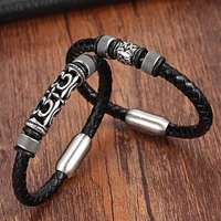 xqni fashion stainless steel chain genuine leather bracelet men vintage bracelets bangles male braid charm jewelry for women