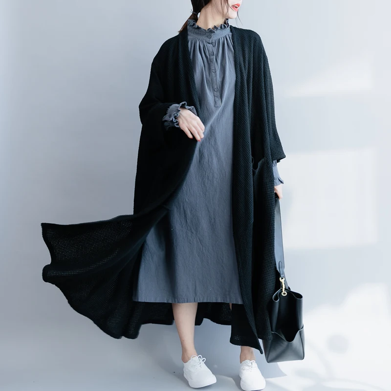 Женский трикотажный длинный кардиган большого размера свободный черный с