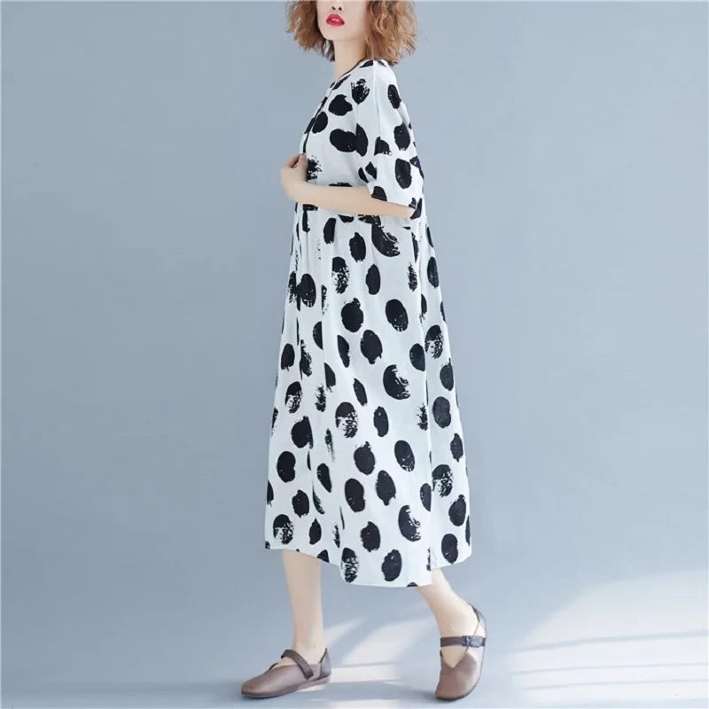 Винтажное женское платье в горошек Длинное свободное летнее из хлопка и льна