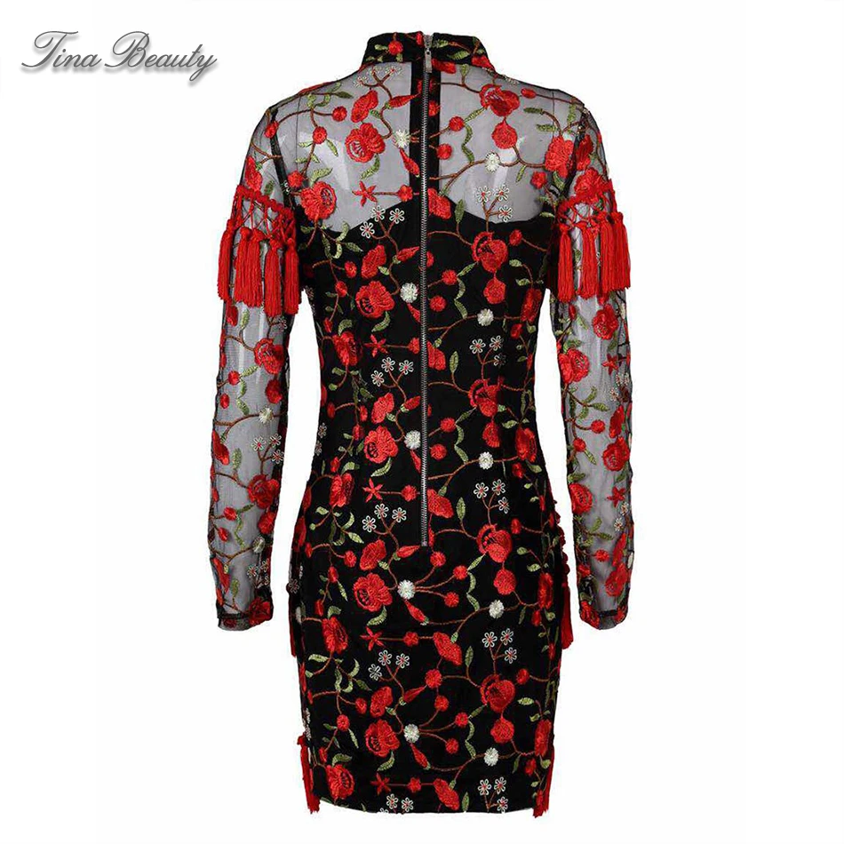 

Tina Beauty Women's Red High Neck Full Sleeve Mini Dress Graceful Mesh Floral Embroidery Tassel Bodycon Sheath Dress