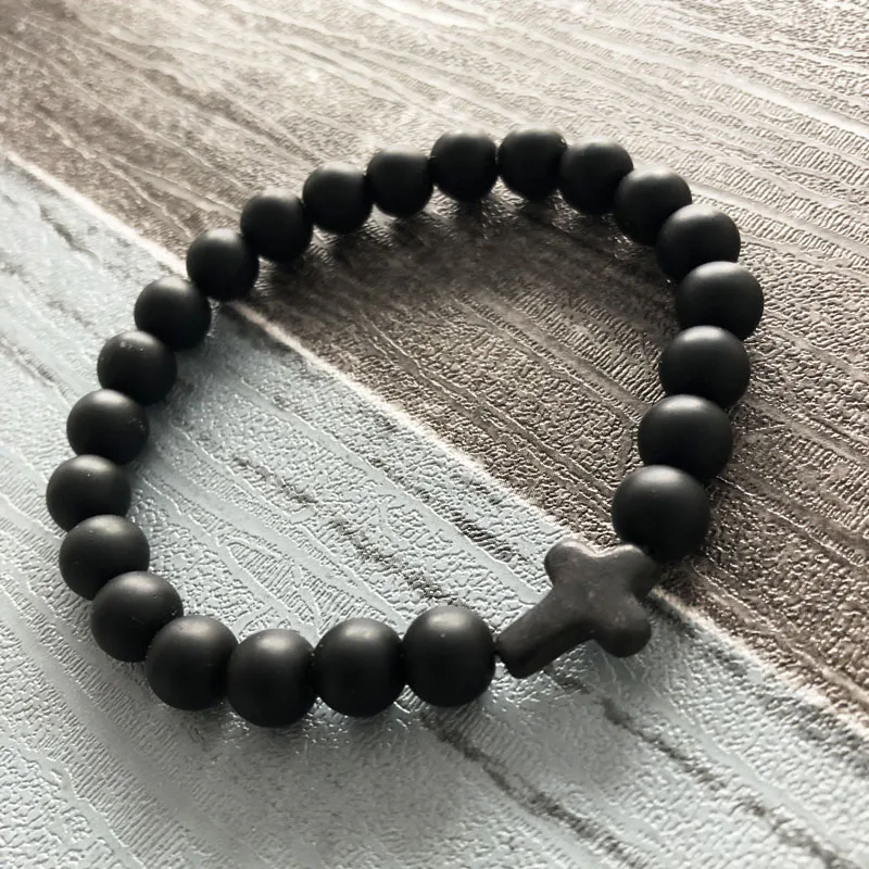 

Gift For Him/Father Cross Religious Charm bracelet Hand Work Matte Black Onyx Beaded Bracelets Matte onyx Cross Bracelet for men