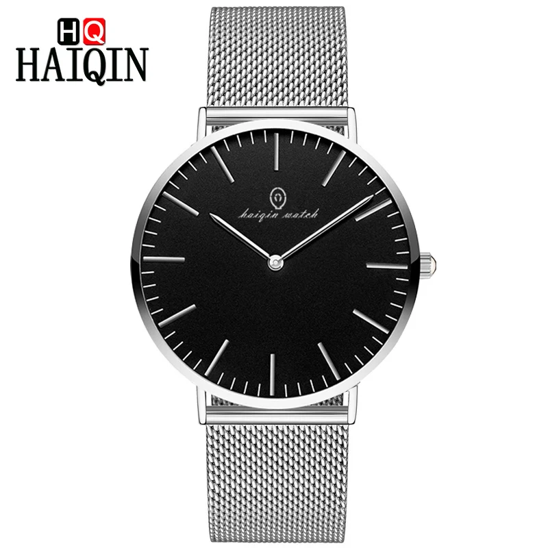 M-Sliver-black HAIQIN ультра-тонкие 6 мм парные часы Золотой металлический сетчатый ремень часы вечерние мужские часы Роскошные wo Мужские часы Подарки Relogio Masculino - Цвет: M-Sliver-black