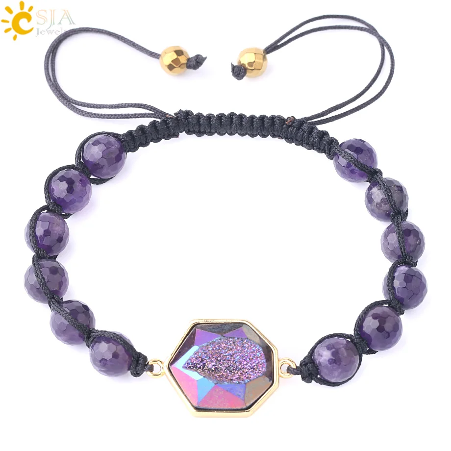 CSJA 8mm Natural Stone Bracelets for Femme Purple Quartz Crystal Bracelet Braided Black Tourmaline Amazonite Druzy Jewelry F817