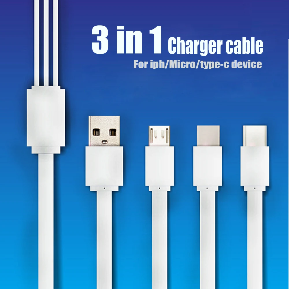 100 шт. 3 в 1 кабель для зарядки USB передачи данных PVC плоский Micro Type C 8 pin быстрой
