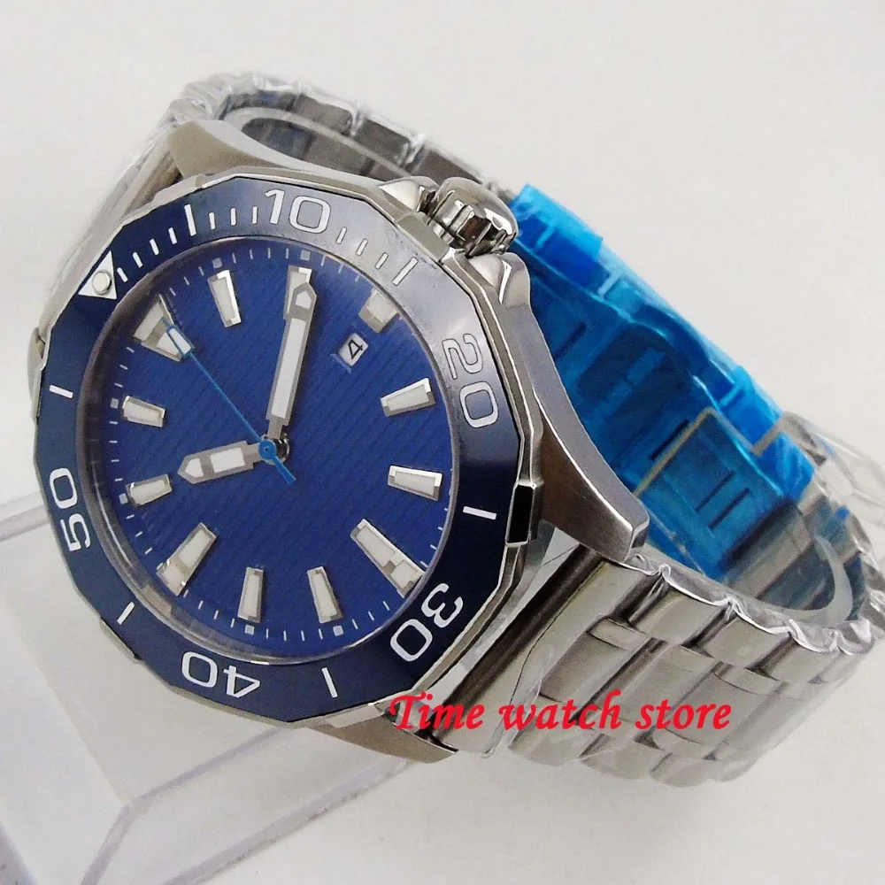 Твердые 45 мм многоугольные мужские часы синий циферблат сапфировое стекло