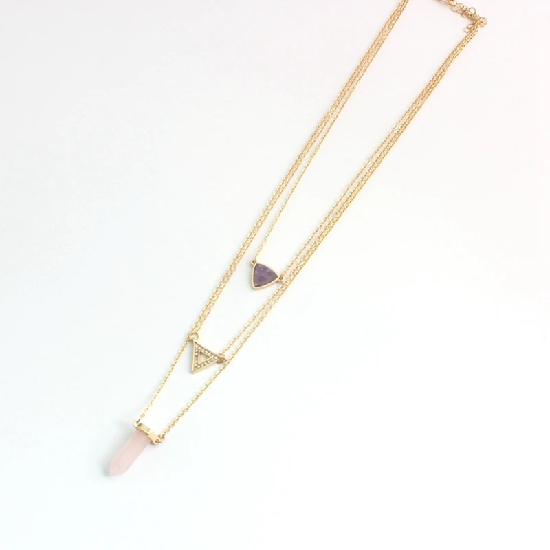 

Sweet Three Layers Pink Horn Stone Triangle Alloy Purple Stone Necklace