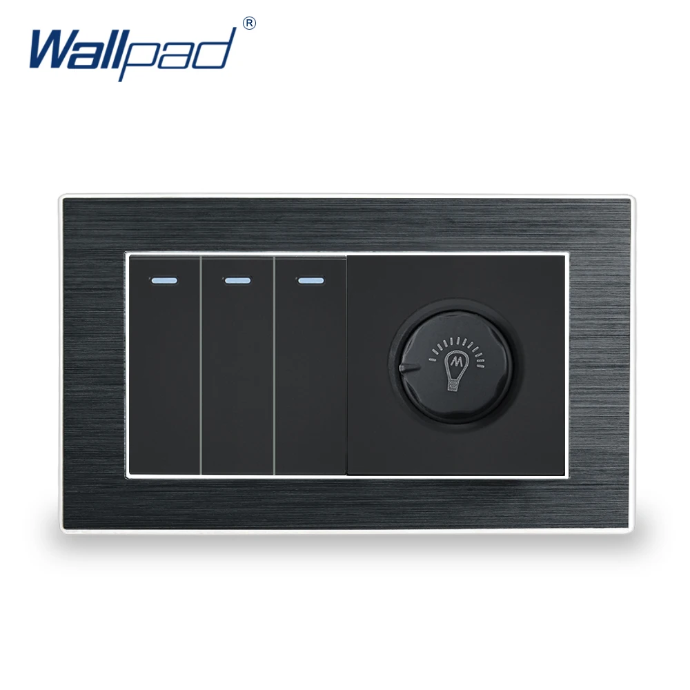 Black 3 Gang 2 позиционный переключатель с диммер переключатель Wallpad люксовый настенный светильник переключатель атласная металлическая Панель с серебряной границы 146*86 мм - Цвет: Black