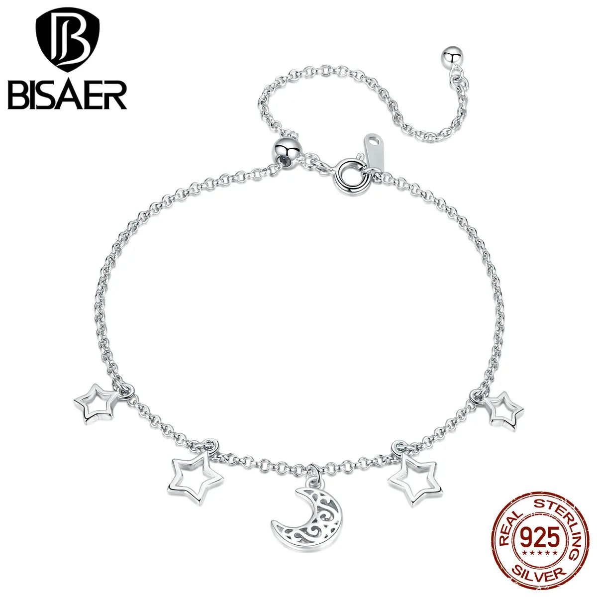 BISAER 925 пробы серебряная луна и звезды серебряные браслеты для запястий Луна цепочка со звездами Браслеты Стерлинговое Серебряные ювелирные изделия ECB107