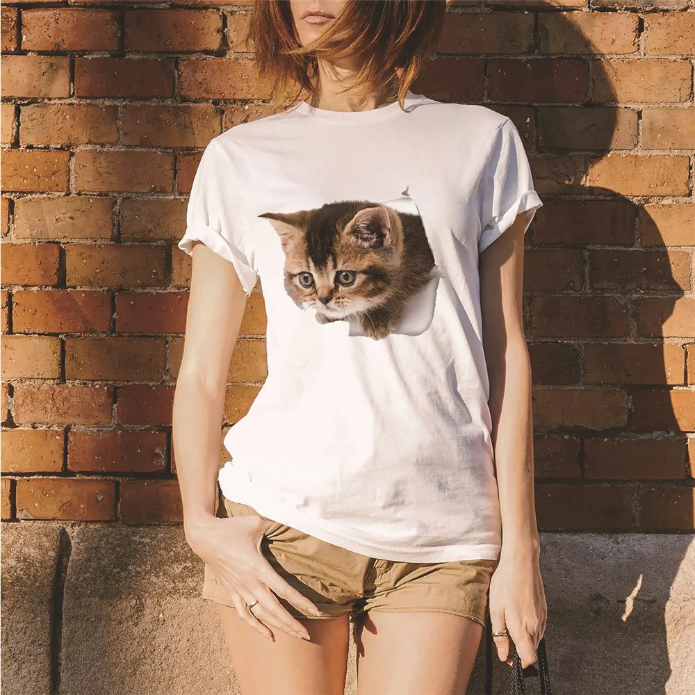 Женская футболка с коротким рукавом Повседневная дышащая Футболка принтом кошки