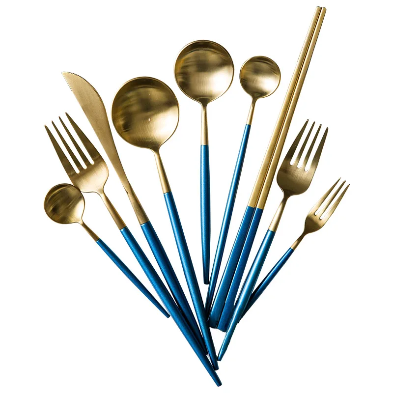 

1pcs Blue Gold Fork Spoon High Quality 304 Stainless Steel Dinner Spoon and Fork Steak 402 Knife Nice Flateware