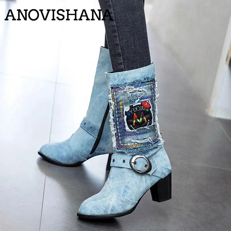 ANOVISHANA/женские ботинки сезон весна осень ковбойские из джинсовой ткани в