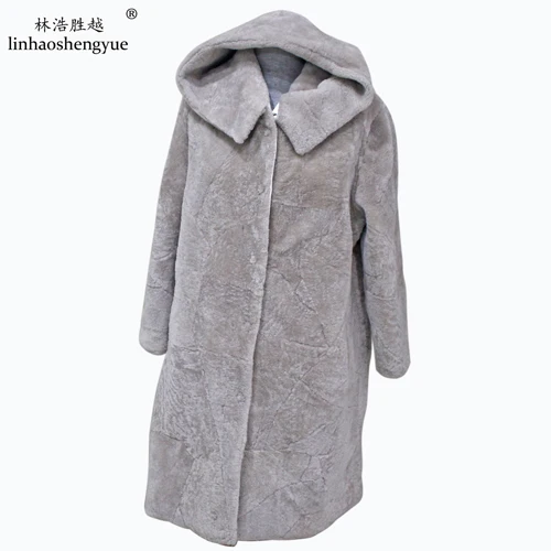 light gray Linhaoshengyue, овечья шерсть, Кашемировое женское длинное пальто с капюшоном, специальный капюшон, воротник, модное женское пальто - Цвет: light gray