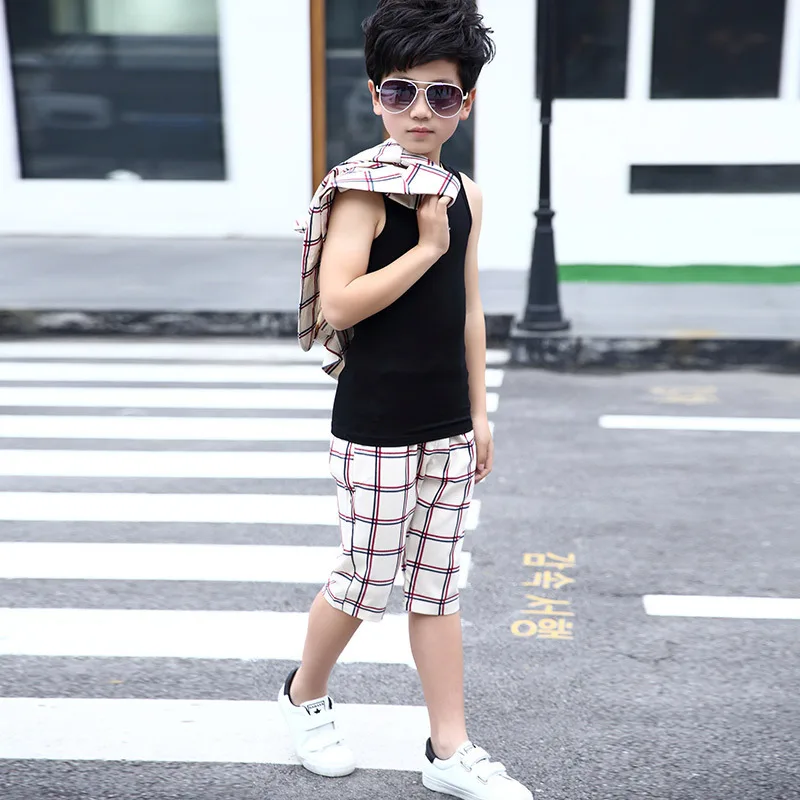 2018 Популярные летние комплекты одежды для мальчиков Детский костюм в клетку