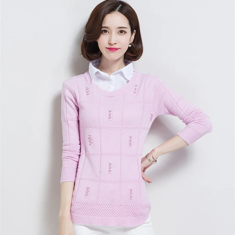 2019 Autumn New Shirt Sweater Women Long Sleeve Fashion Beading Knitted Sweaters And Pullovers Casual Female Jumper Tops R758 | Женская