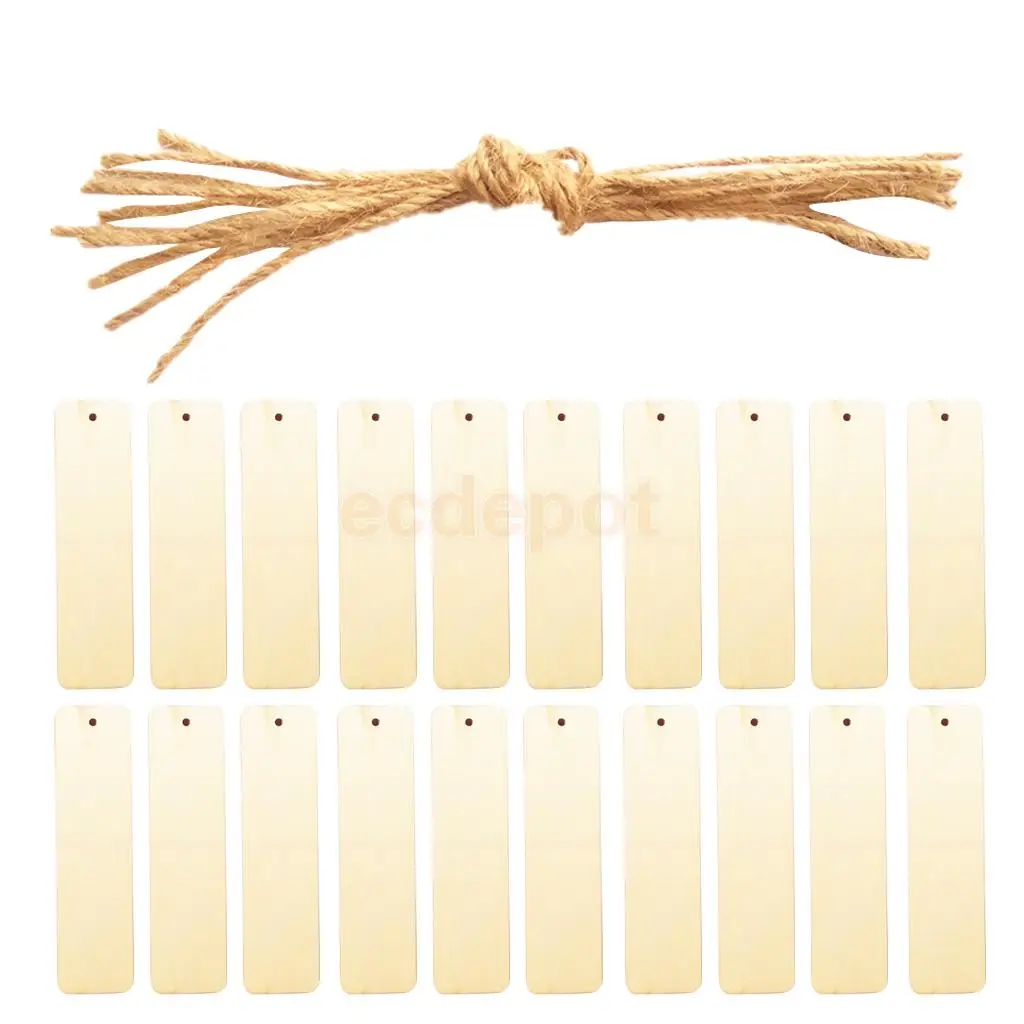 

20pcs Rectangle Wood Pieces Bookmark Scrapbooking Embellishment Price Tags Card Making Gift Tags DIY Craft with String