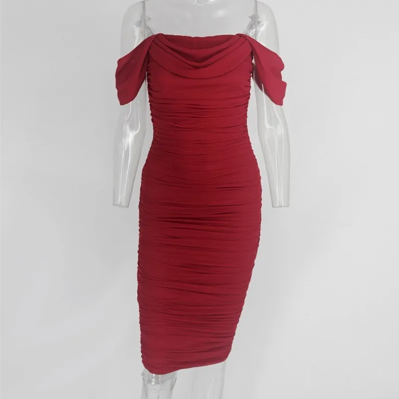 Красный DRESSMECB, платье миди с открытыми плечами, Сетчатое платье с открытой спиной, облегающее женское платье, элегантное однотонное женское платье, вечерние платья Vestidos - Цвет: Красный