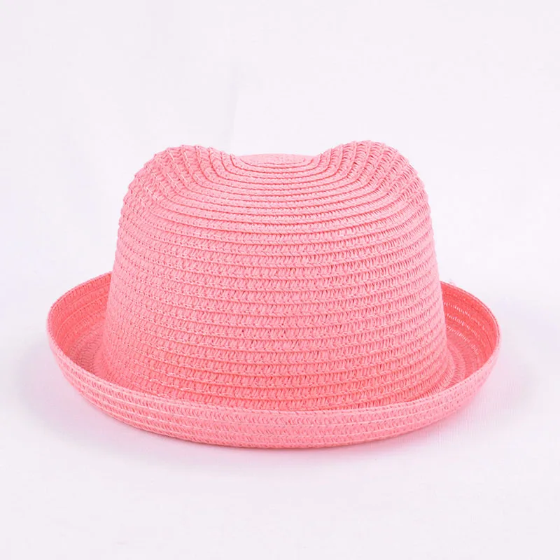 pink Новинка; милая детская шляпа с большим бантом и ушками; летняя соломенная шляпа для мальчиков и девочек; шляпы от солнца; кепка; широкополая Панама для мальчиков и девочек - Цвет: pink