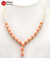 qingmos trendy natural pearl chokers necklace for women with 6 7mm round white pearl pink coral 17 pendant necklace nec5997